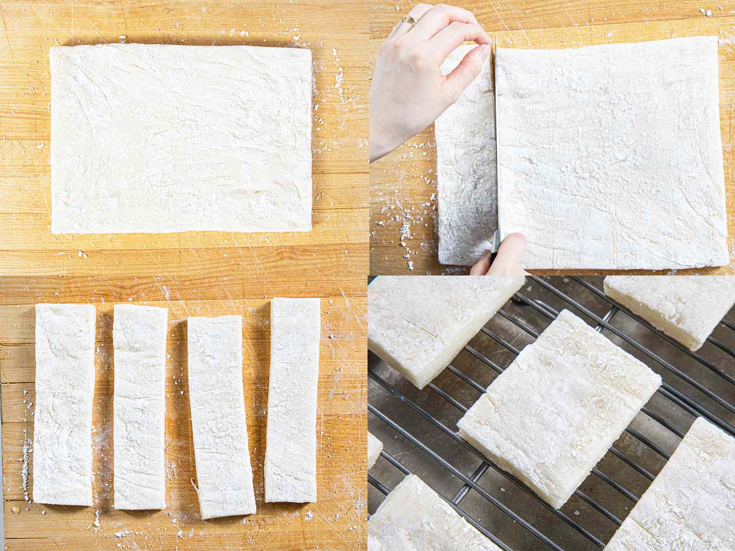 Four image collage of chilled mochi being cut into squares