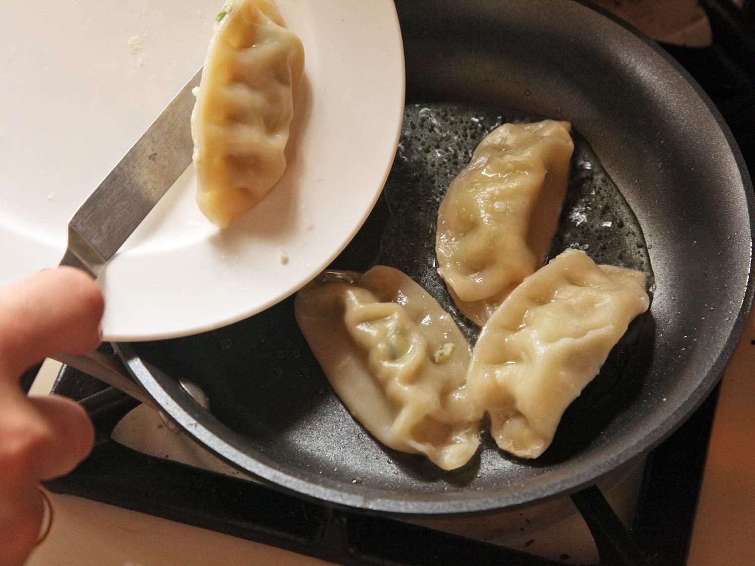 Adding microwave-cooked dumplings to pan.
