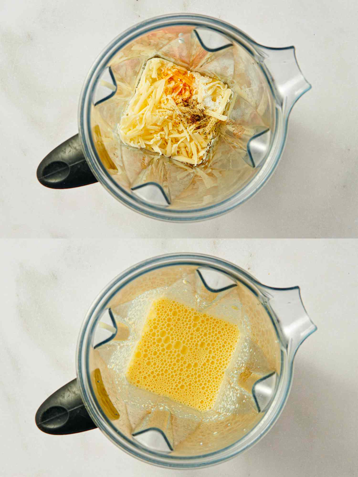 Blender containing ingredients and a blended mixture for making kale and mushroom egg bites