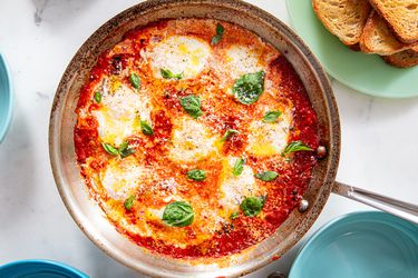 Overhead view of eggs in purgatory