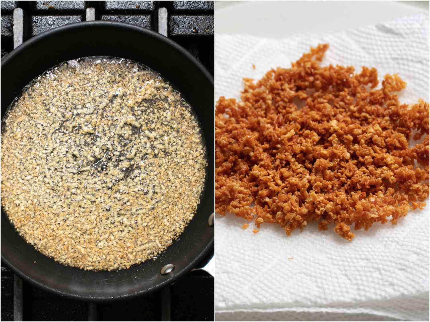 A collage: frying garlic in oil; fried garlic on paper towels