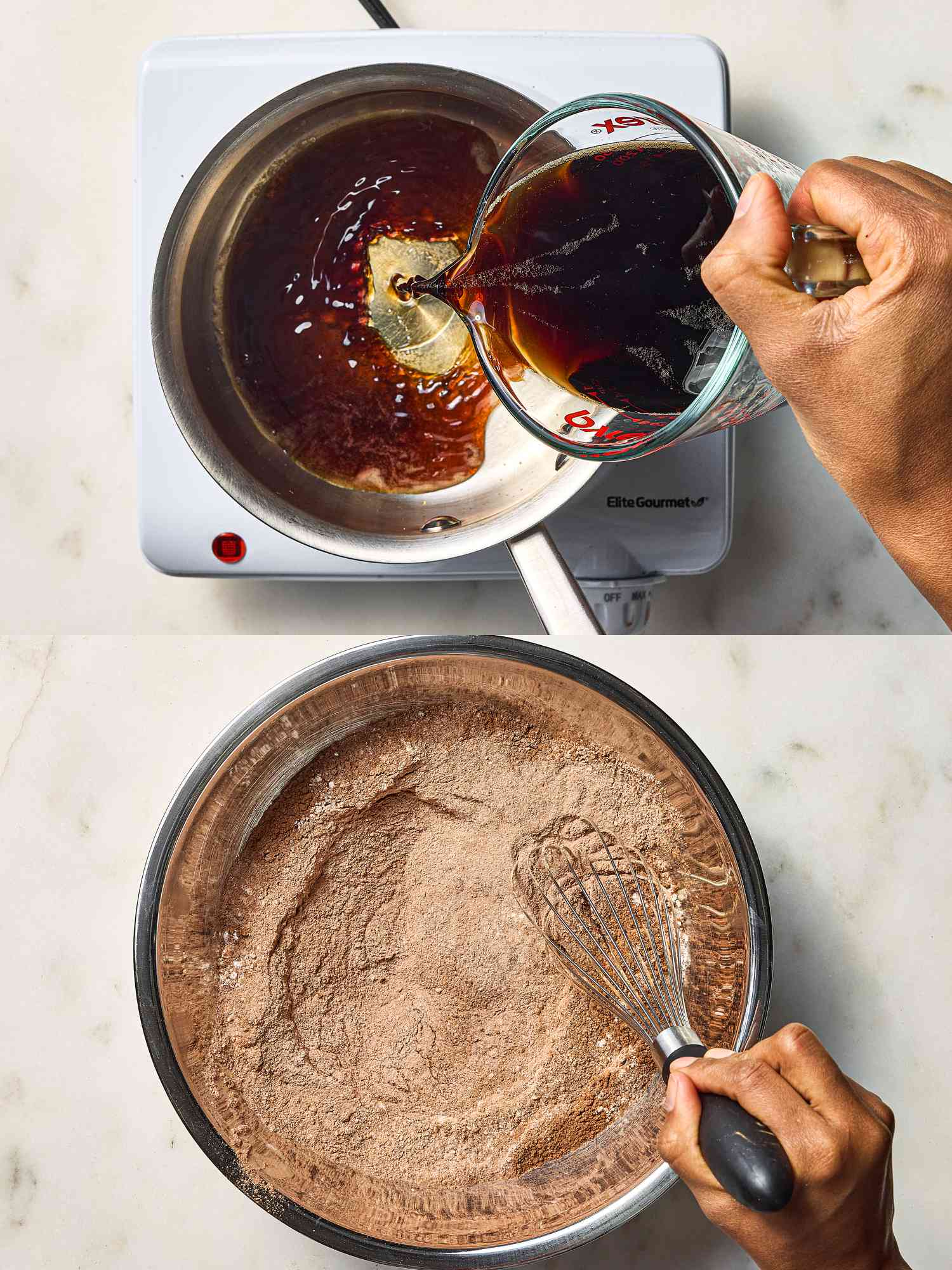 2 image collage. Top: pouring Guinnes into small saucepan. Bottom: whisking together flour, sugar, cocoa powder and dry ingredients together in bowl