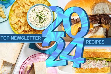 Collage of dips, burgers, cookies, and sandwiches.