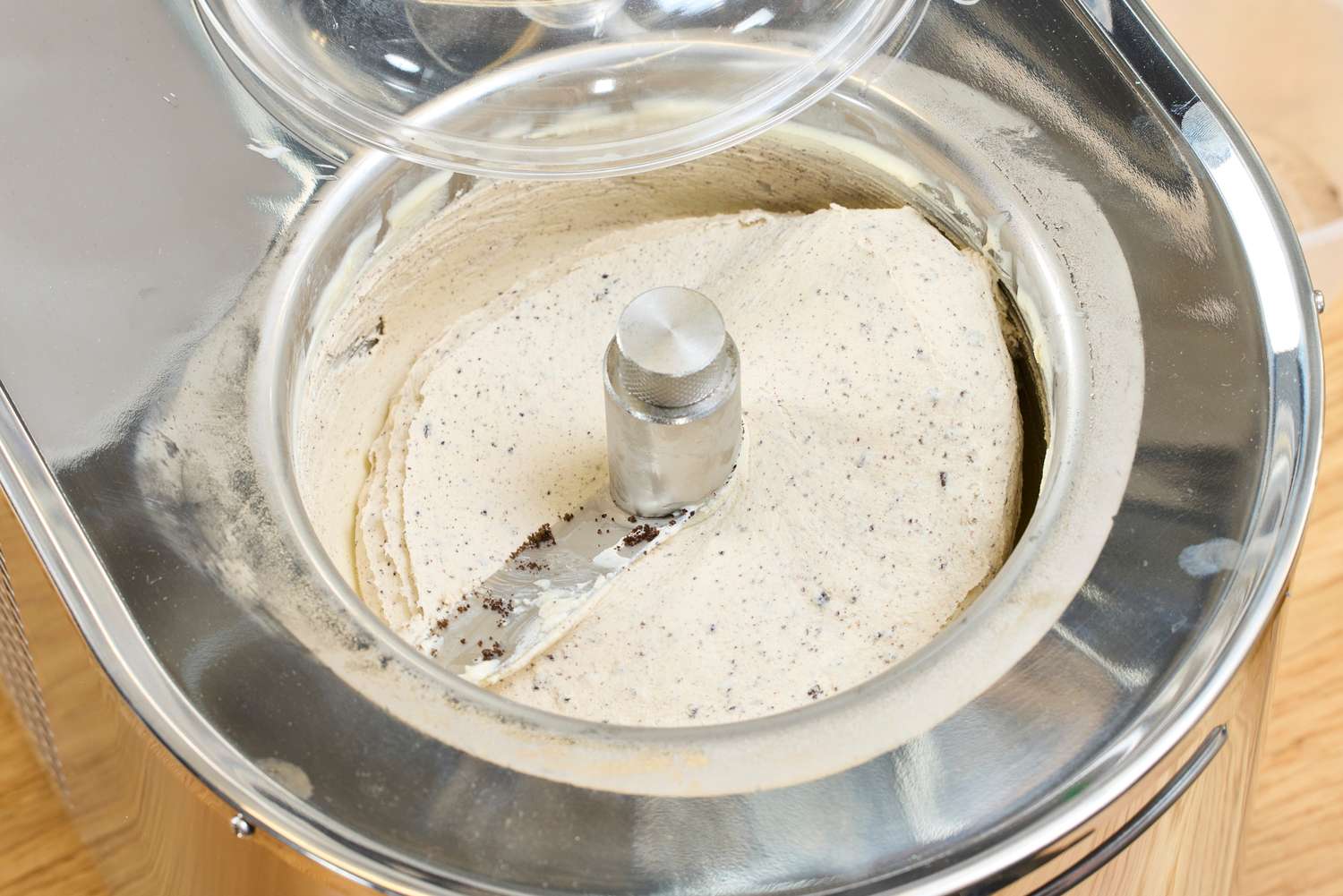 An overhead view of ice cream in the Lello Musso Lussino 4080 Ice Cream Maker