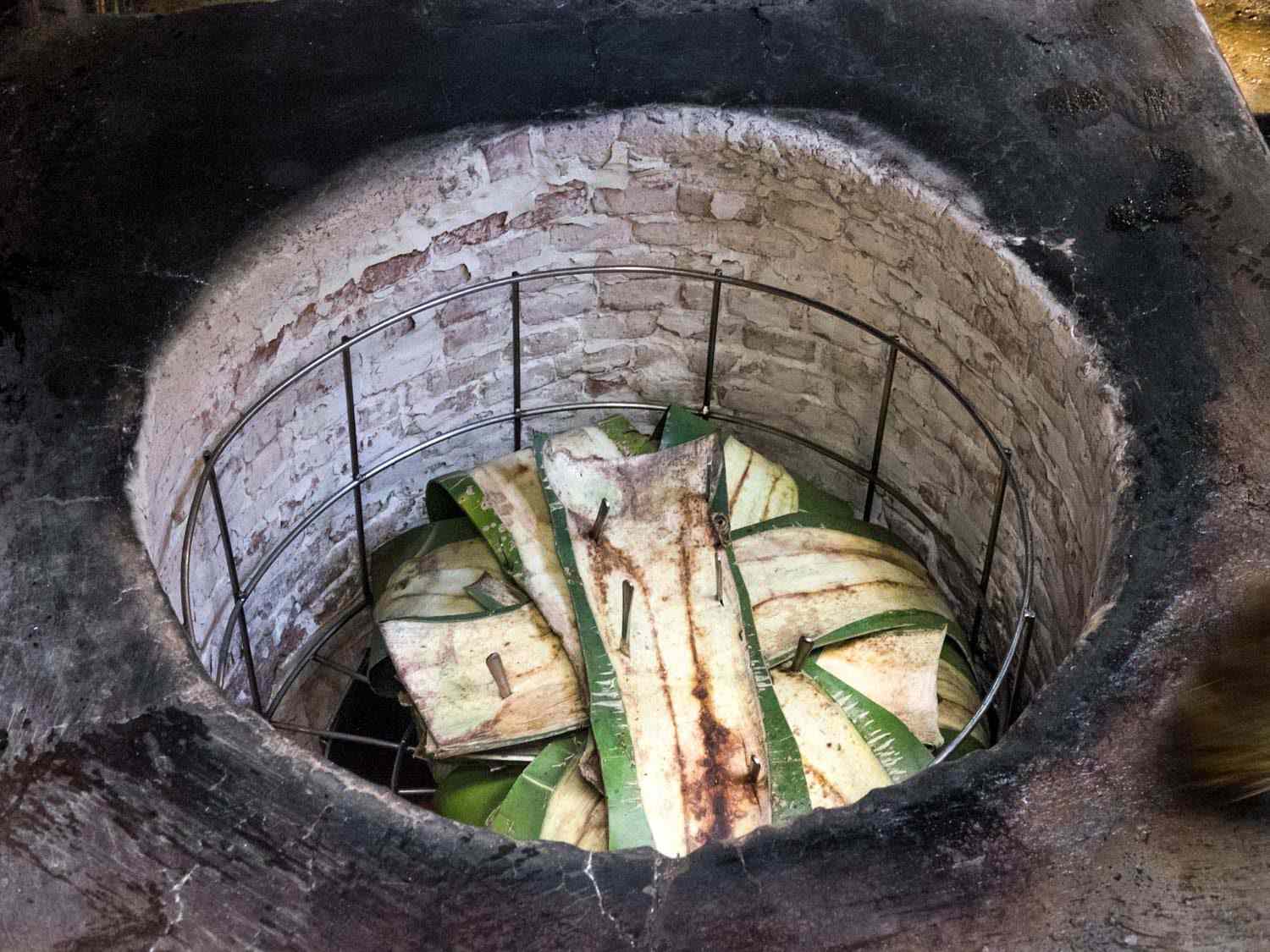 Maguey leaves folded over lamb meat to form a package, inside a wire cage in an hoyo (pit oven for barbacoa).