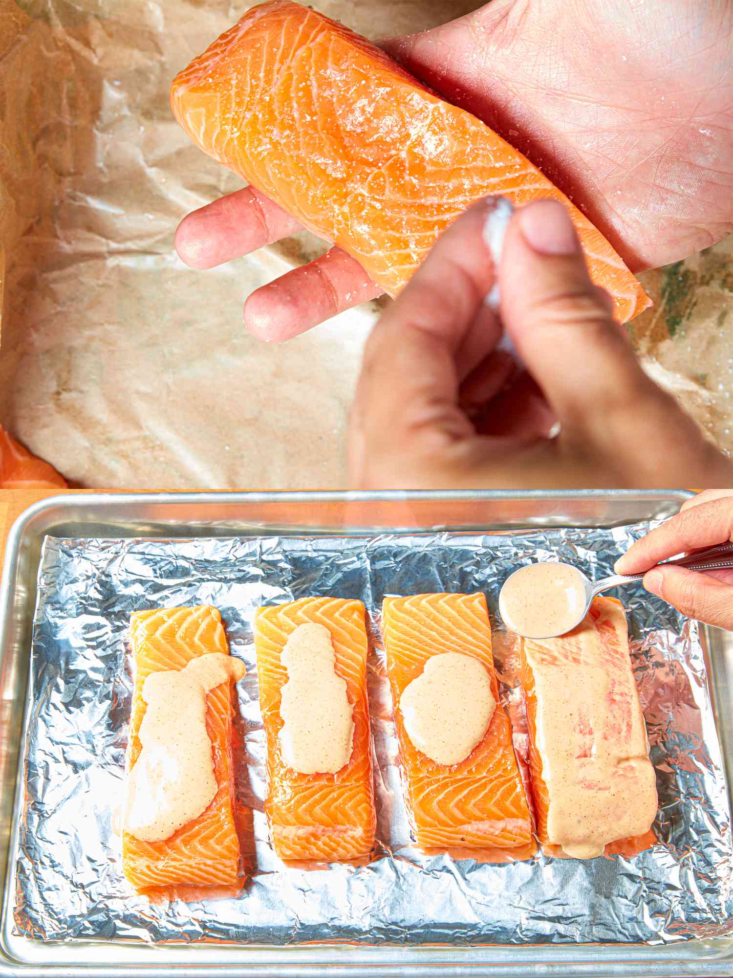 Two image collage of salting salmon and adding marinade 