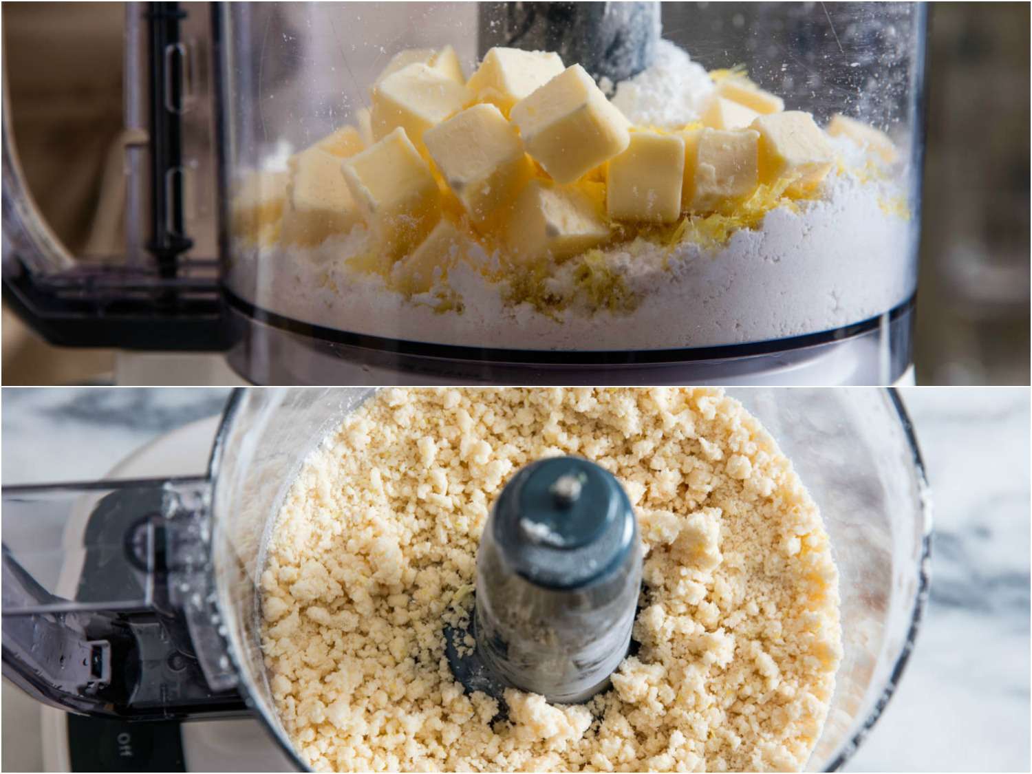 Pulsing together butter, sugar, and lemon zest in a food processor for lemon bar crust.