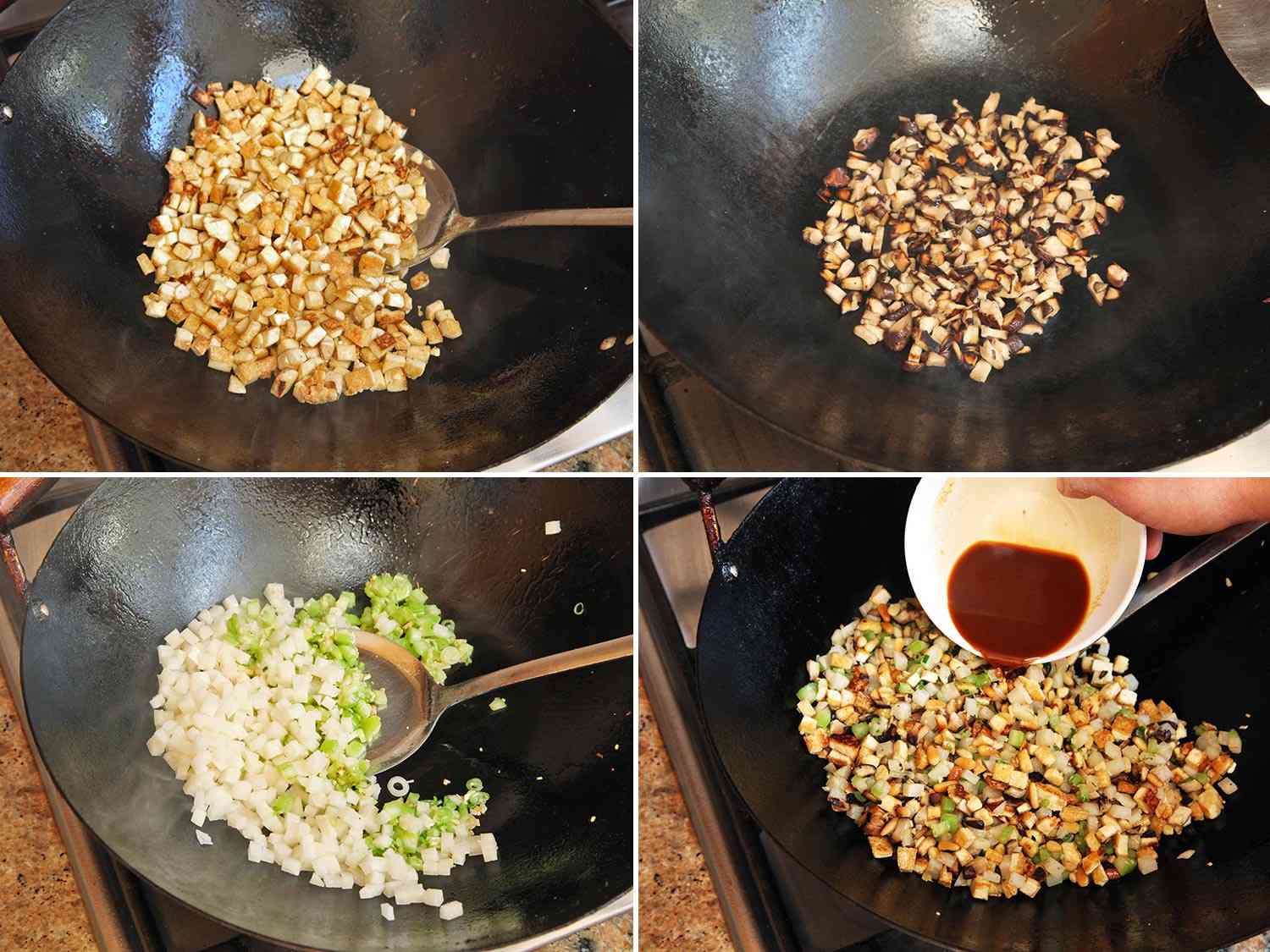 Collage of stir-frying the diced tofu, mushrooms, jicama, and celery, and adding the sauce to the wok. 
