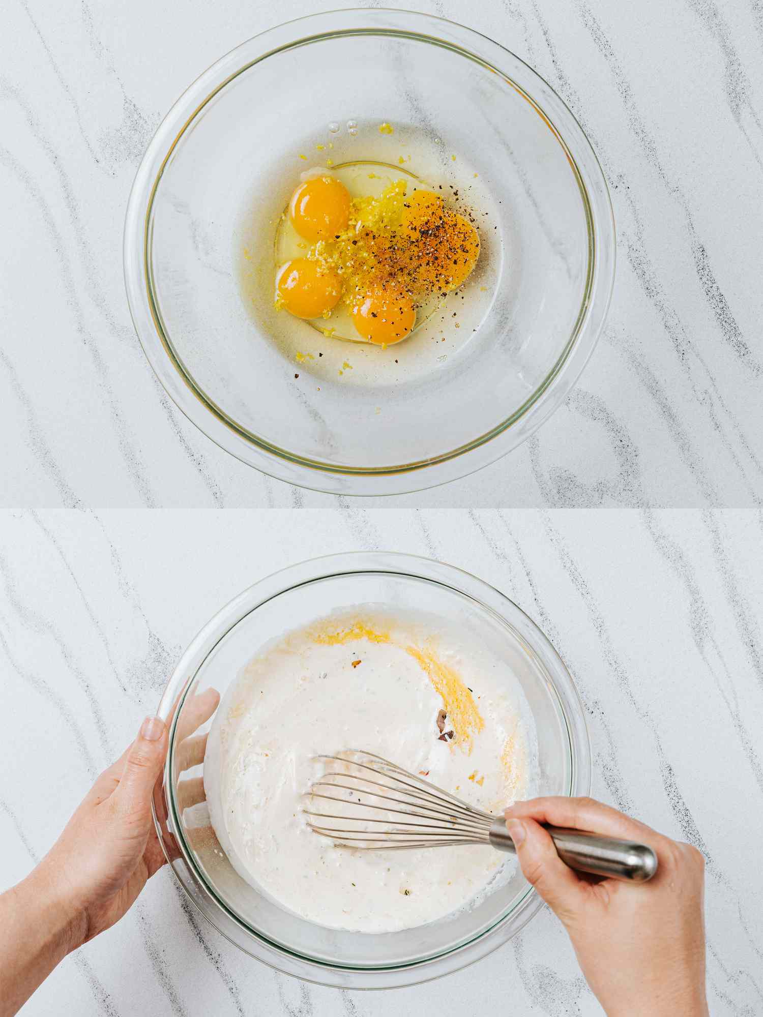 Two image collage of whisking eggs