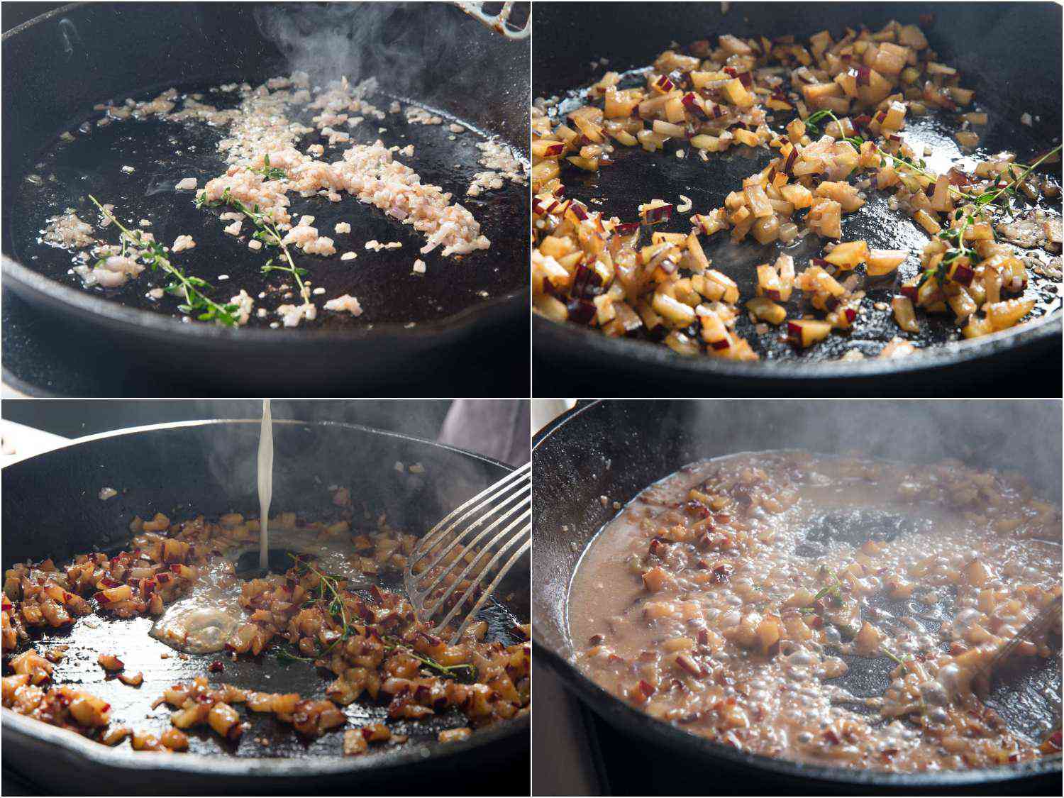 Collage of making plum sauce for quail