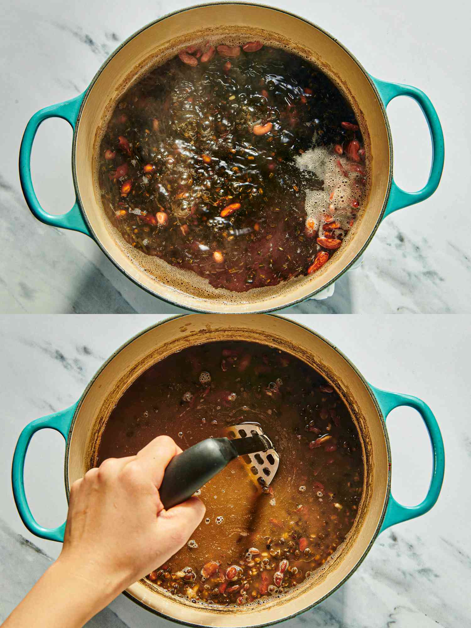 2 image collage. Top: Lentils boiling in a large dutch oven. Bottom: hand mashing the lentils with a potato masher in a dutch oven 