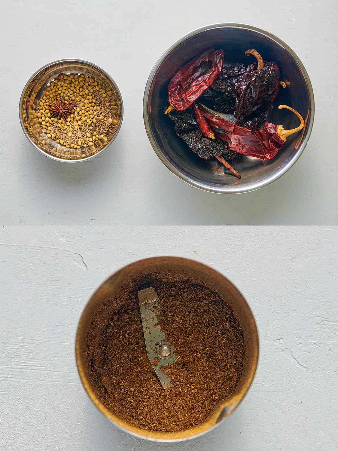 A two-image collage. The top image shows two bowls side by side, one holding toasted chiles, the other holding whole toasted spices. The bottom image shows cumin, coriander, cloves, and star anise ground into a fine powder inside of a spice grinder.