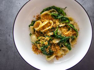 Orecchiette con le Cime di Rapa in a white pasta bowl