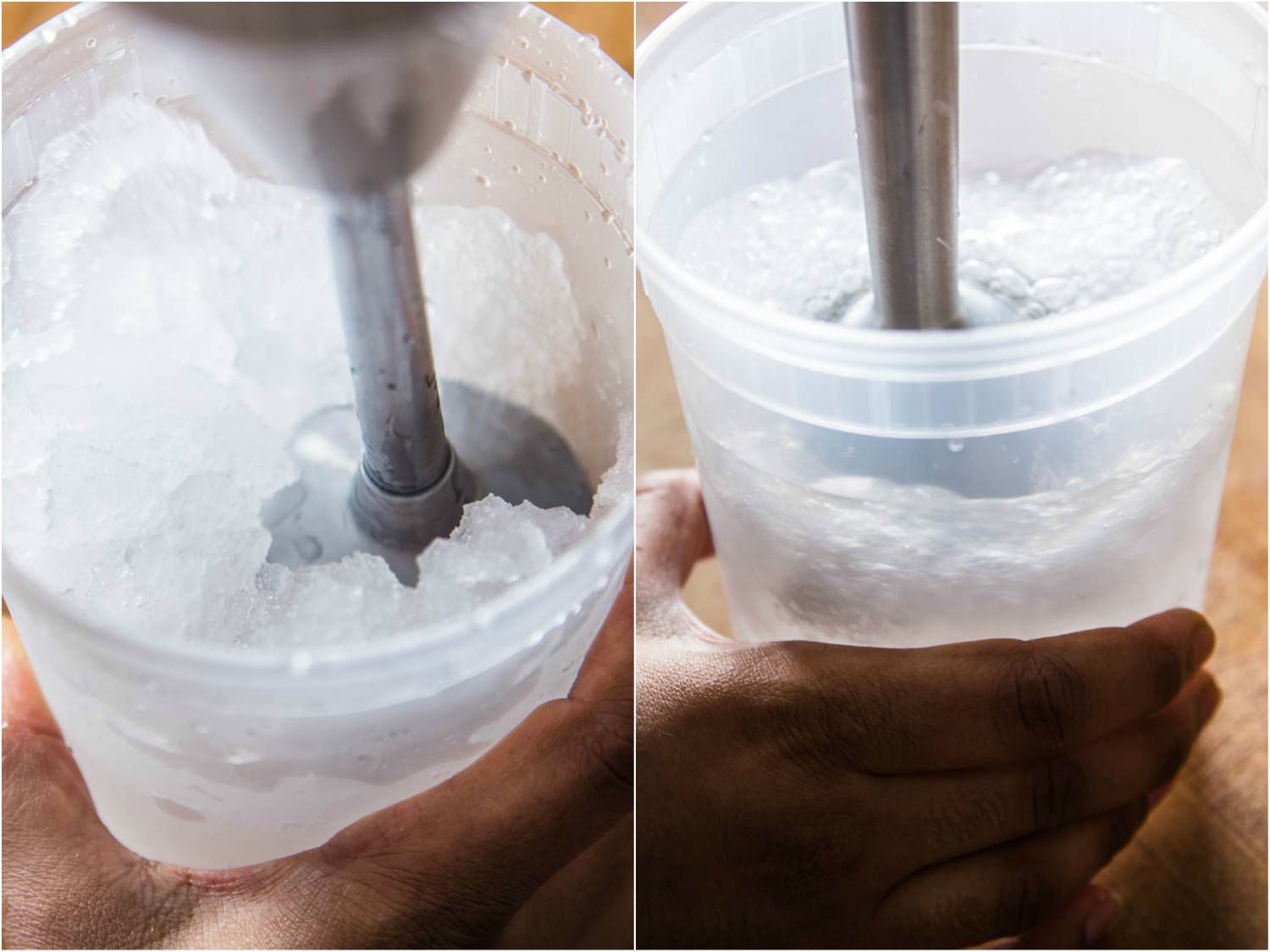 Collage of an immersion blender crushing ice in a plastic container