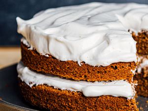 a layer cake with aquafaba meringue frosting