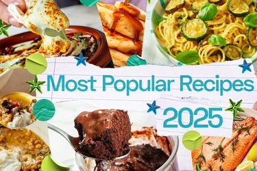 Various popular dishes illustrating recipes for 2025 including pasta brownies and appetizers with labeled title