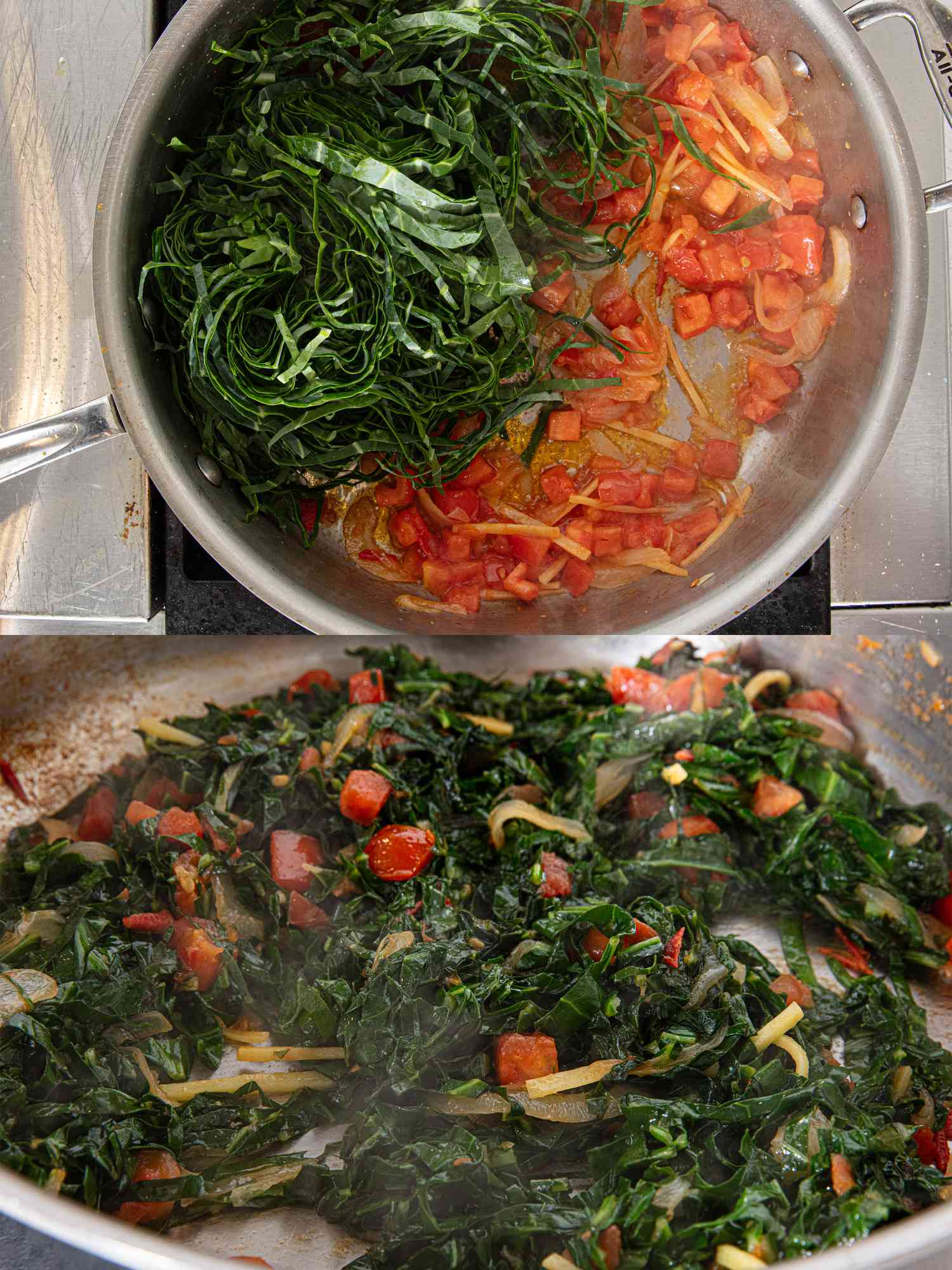 Two image collage of adding and cooking down collard greens