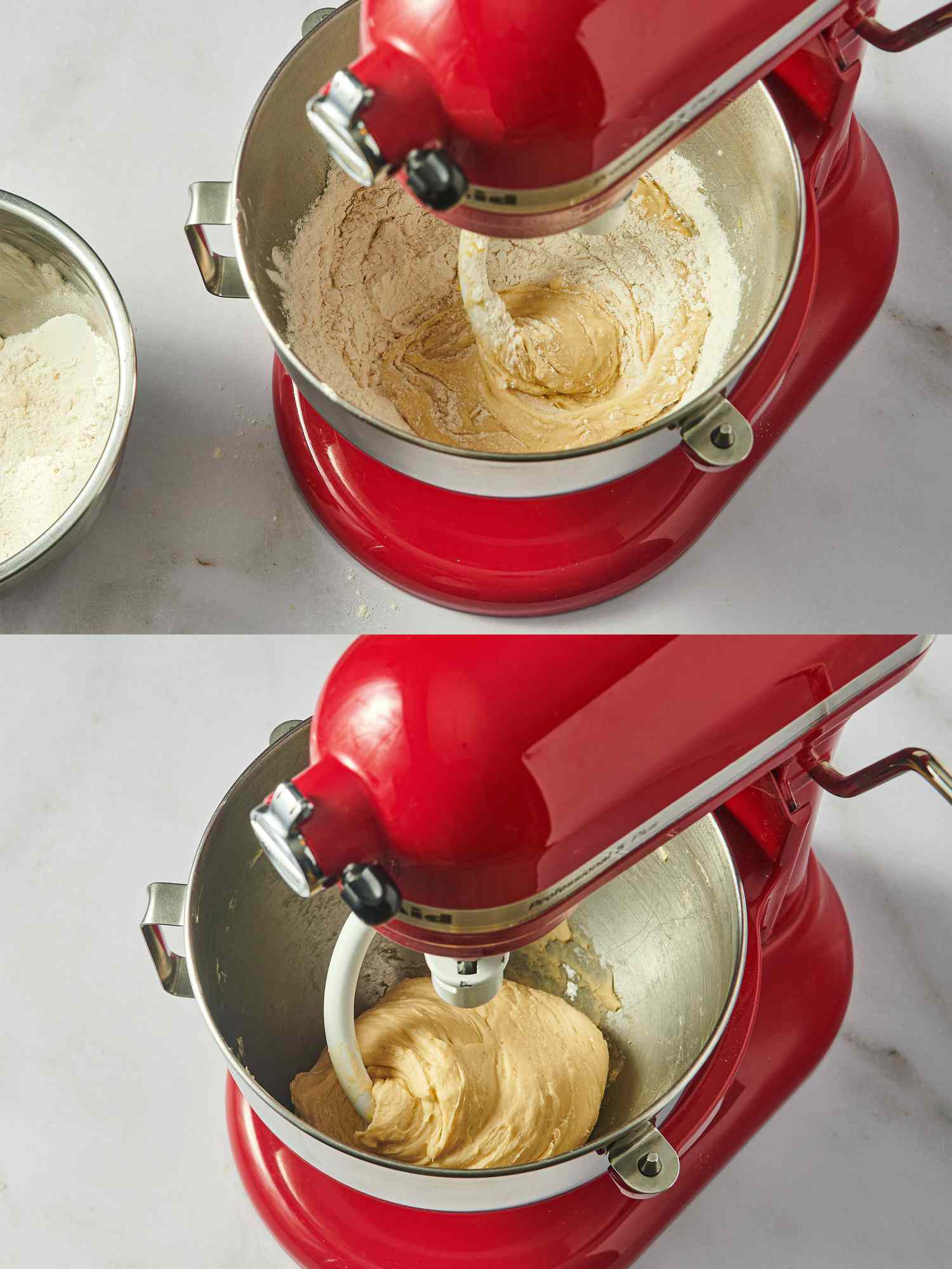 Red stand mixer in two views with dough at different mixing stages