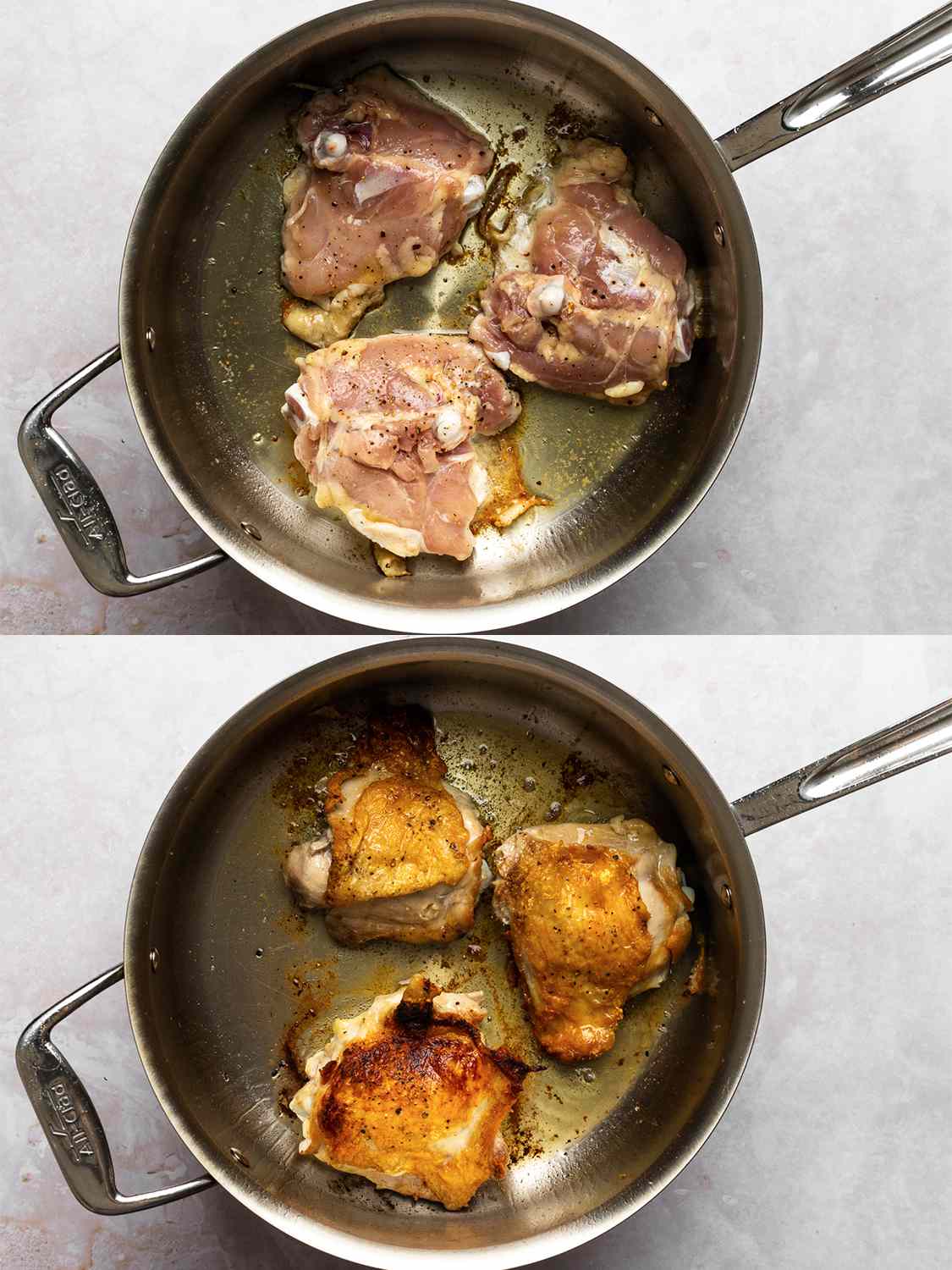 A two-image collage. The top image shows seasoned chicken added, skin side down, to shimmering oil inside a stainless steel pan over medium-high heat. The bottom image shows the chicken flipped over, showing the skin is brown and crisped.