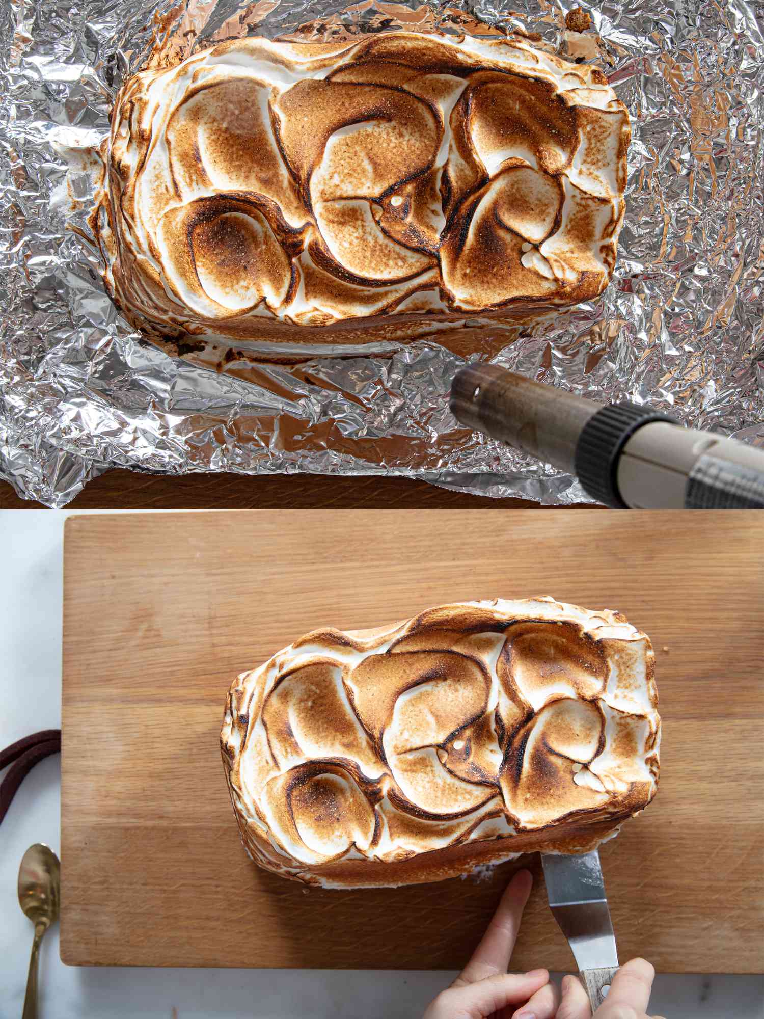Torching meringue with a butane blowtorch.