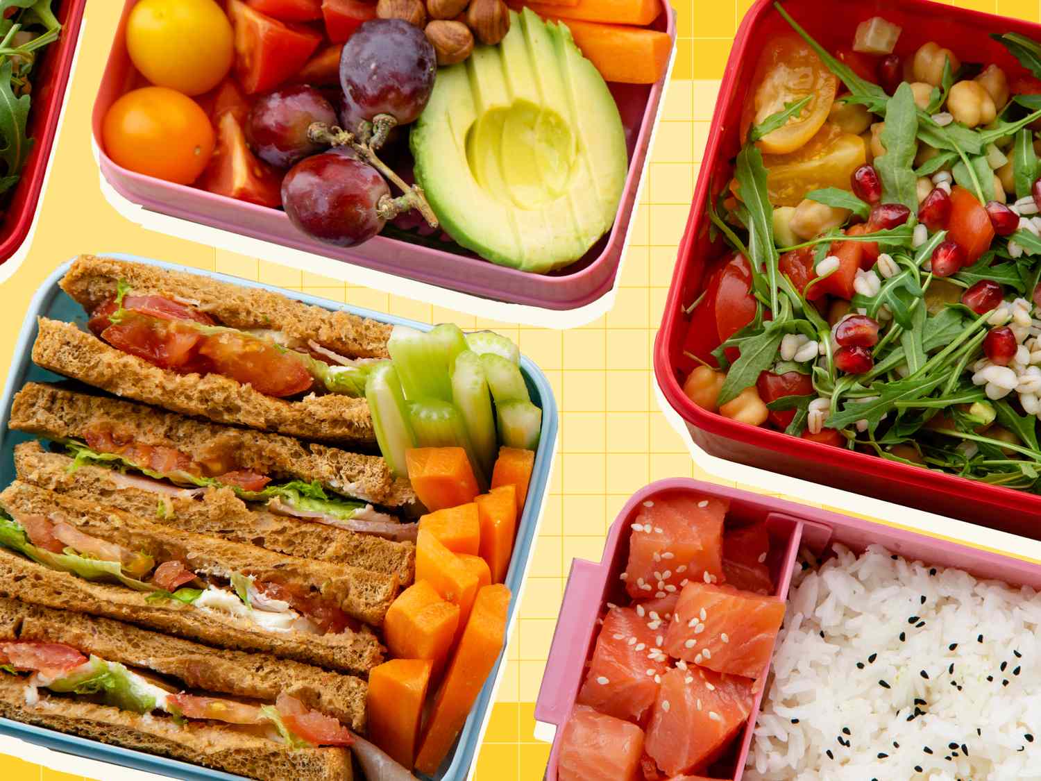 An assortment of lunchboxes with sandwiches fruits vegetables and sushi options