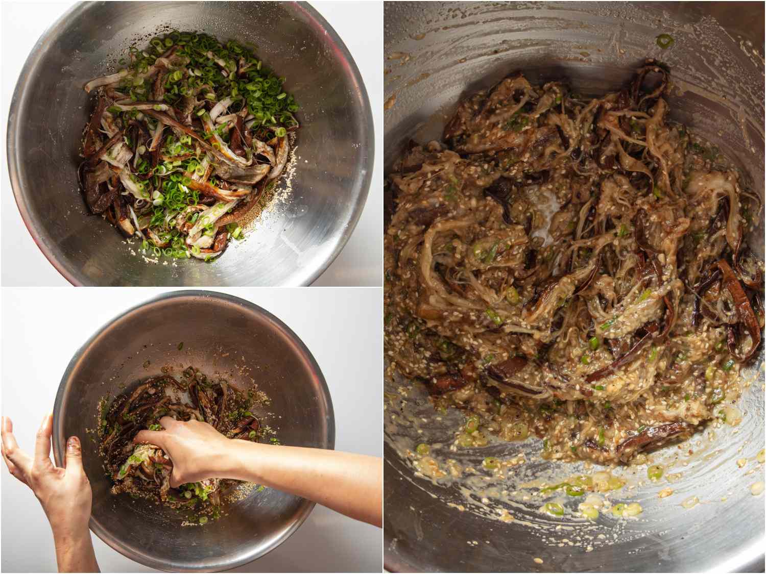 Collage of eggplant being mixed with dressing by hand.