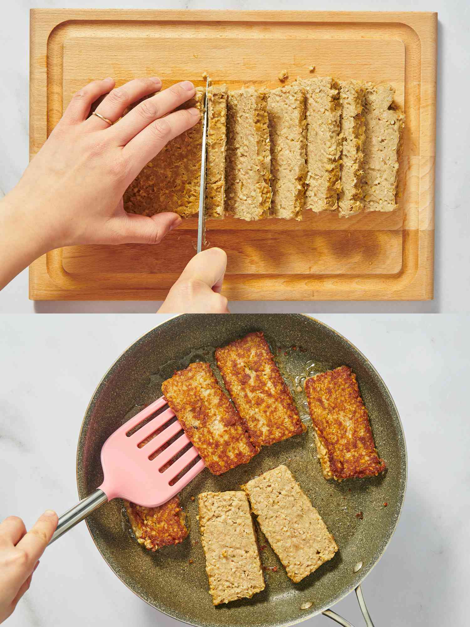 2 image collage. Top: slicing goetta on wooden board. Bottom: flipping goetta while it fries in a pan