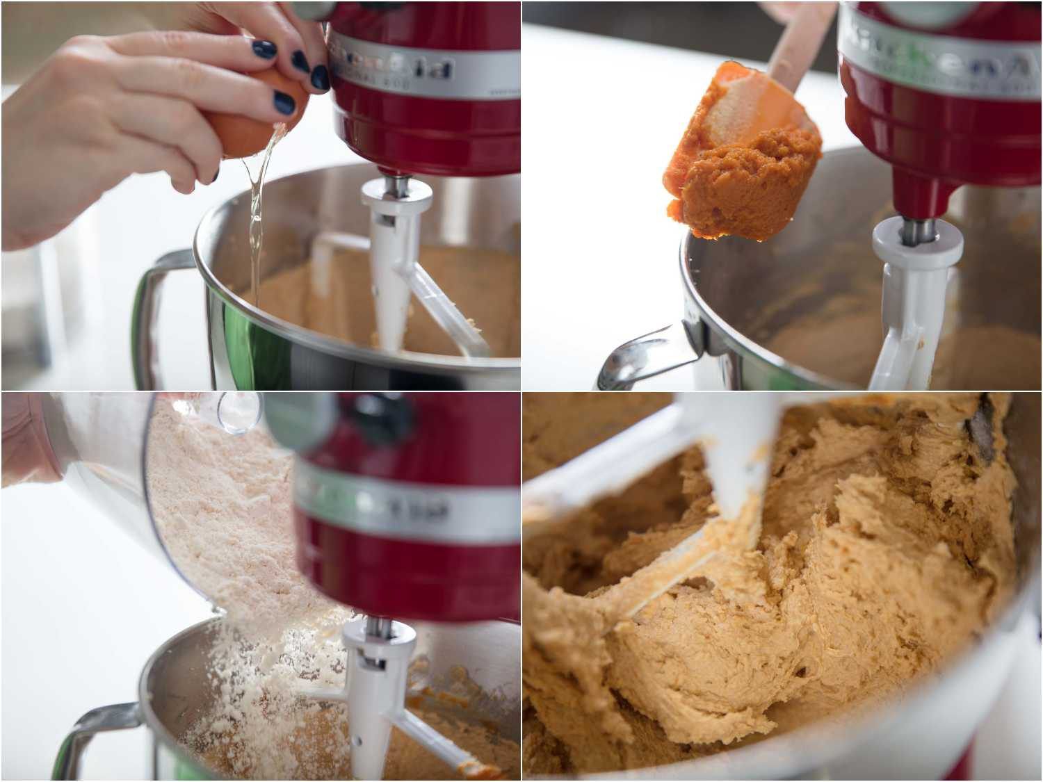 Adding egg, pumpkin puree and flour into the pumpkin cake batter.