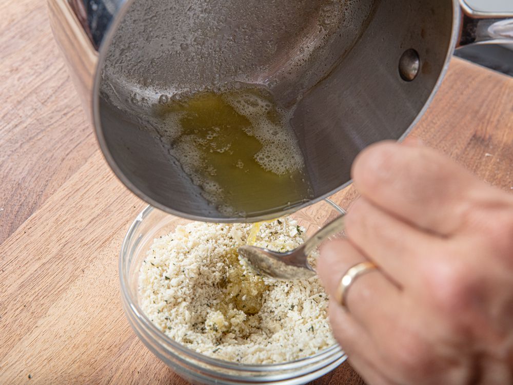 Overhead view of making breadcrumbs