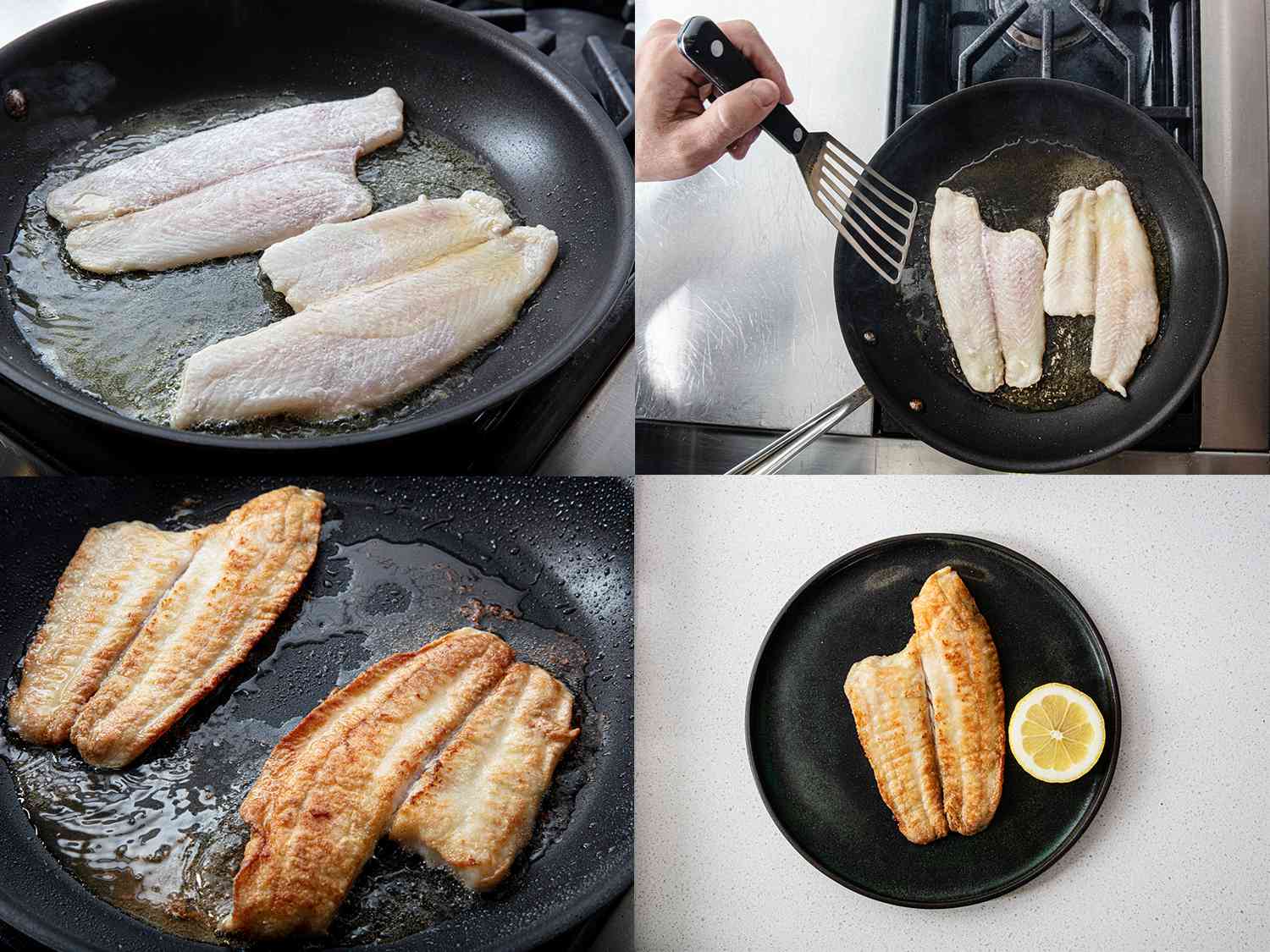 Four image collage: Clockwise from top left: Sole being cooked in butter on a pan; a hand holding a metal spatula about to flip the pieces of sole; the browned cooked sole in the pan; a piece of sole placed on a green plate next to a lemon.