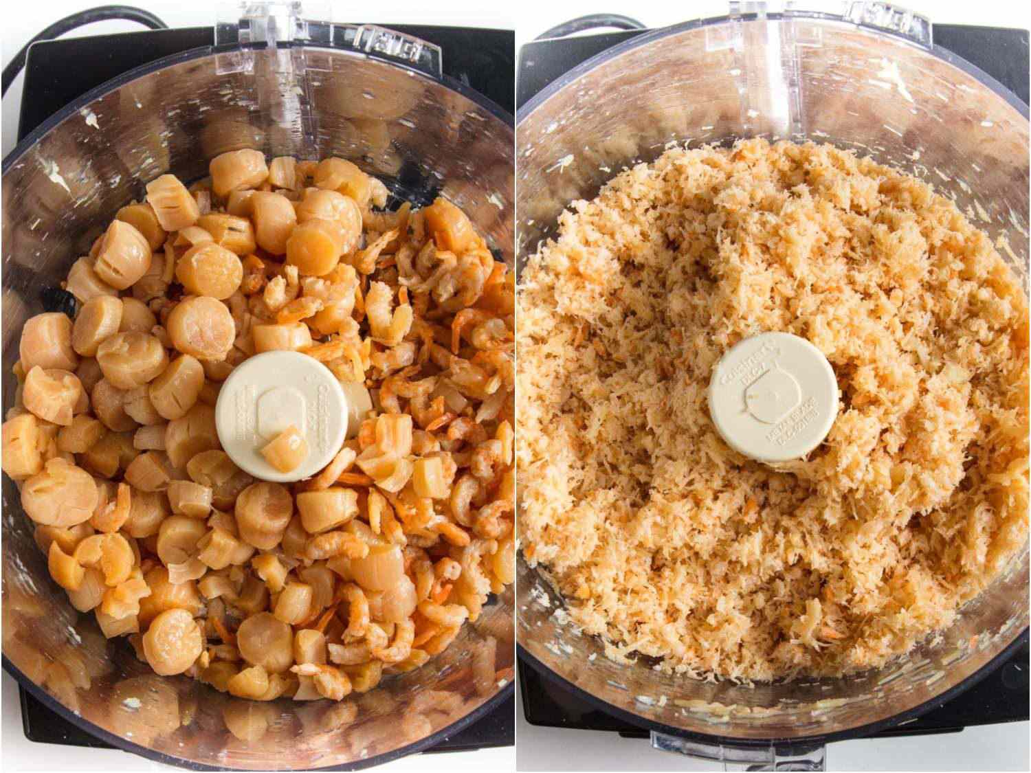Side by side images showing processing rehydrated scallops and shrimp together makes for an overly-chopped texture.