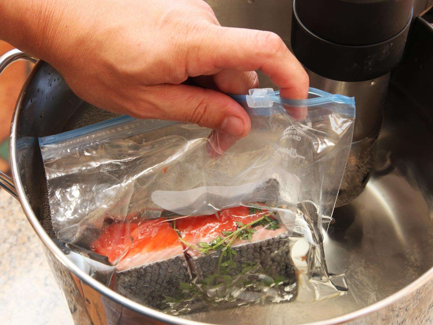 Using the water displacement method to seal a zipper lock bag of salmon fillets and thyme before cooking sous vide.