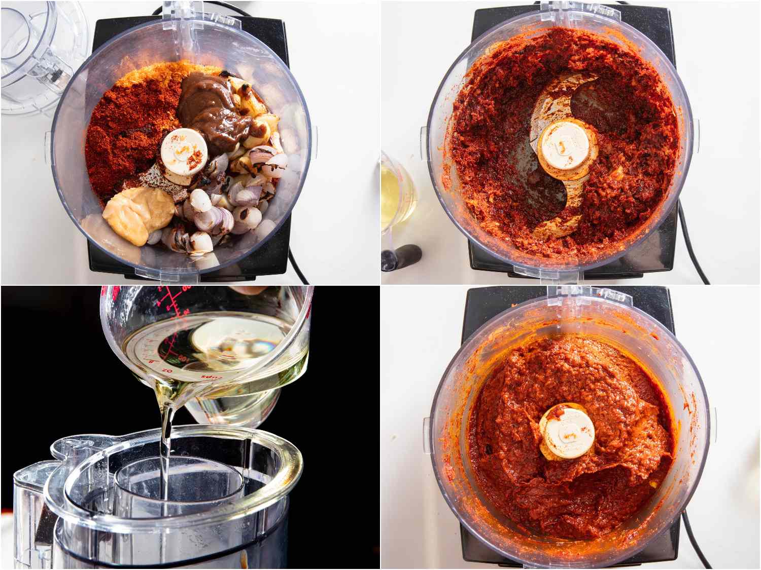 Processing nam prik pao ingredients with oil in a food processor until a fine paste forms.