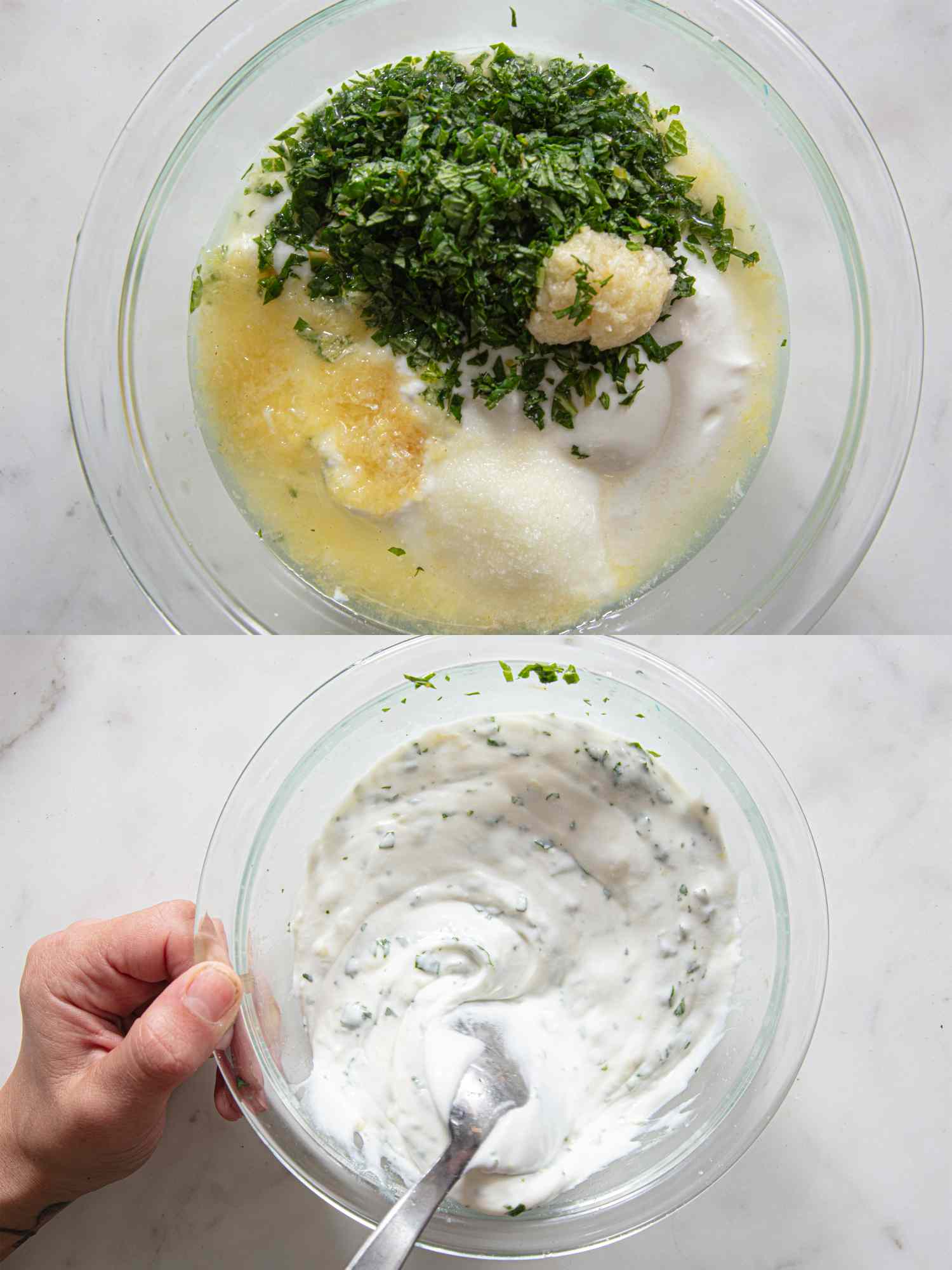 Two images showing the preparation of a creamy herb mixture in a bowl with chopped herbs liquids and stirring