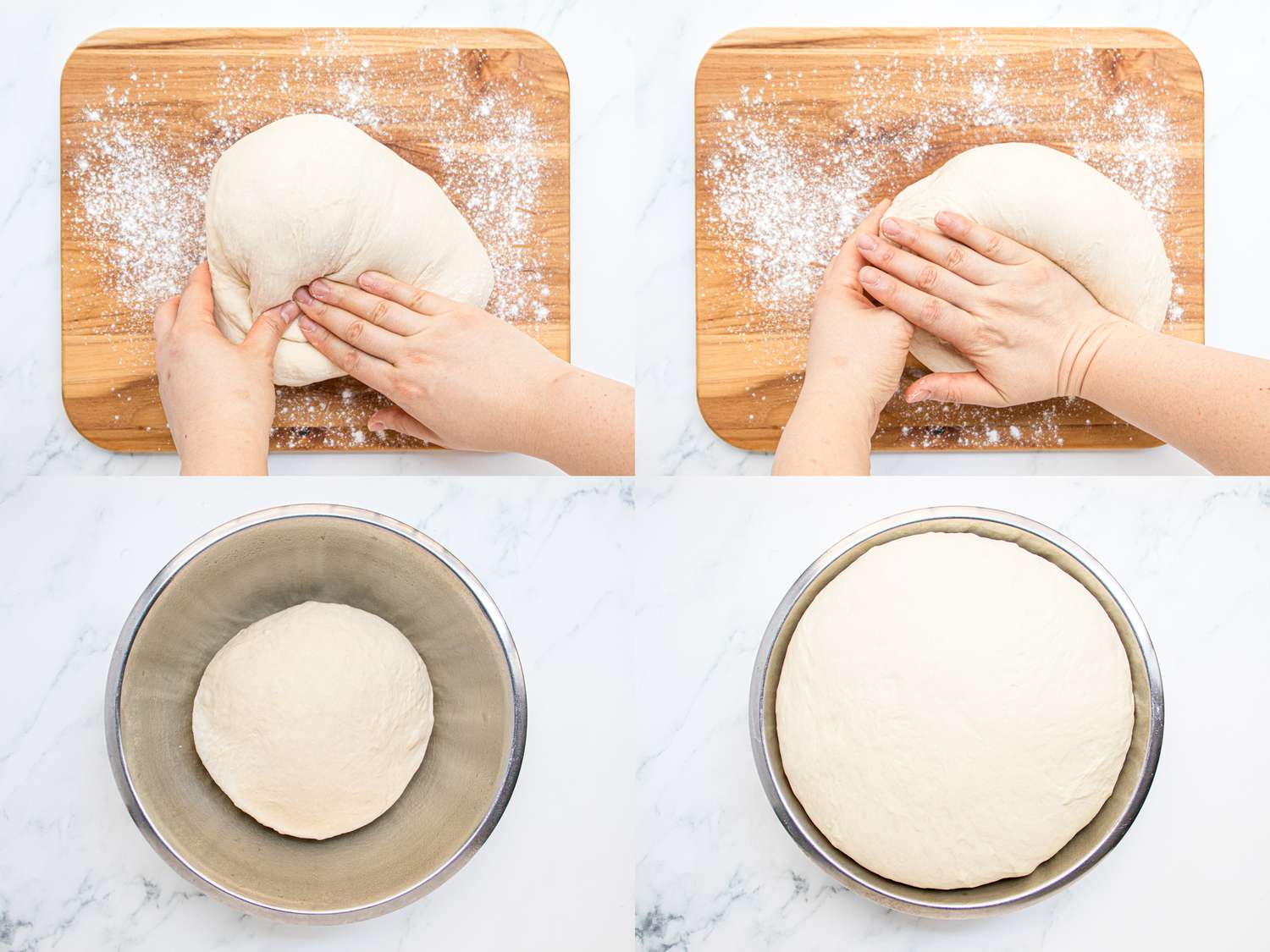 Four image collage of kneading dough and dough rising