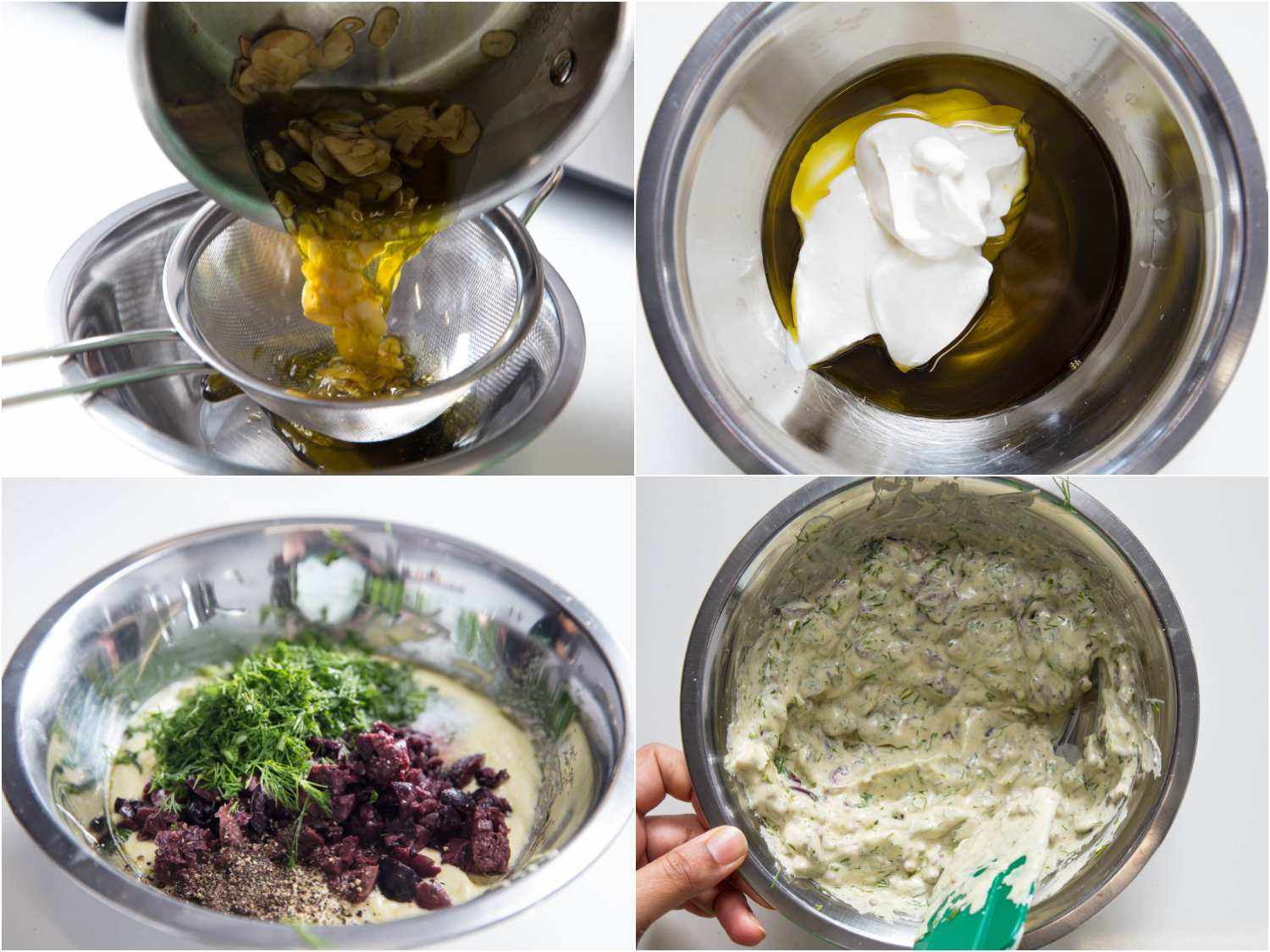 Making garlic oil and chips, mixing garlic oil with yogurt, herbs, and olives for dressing