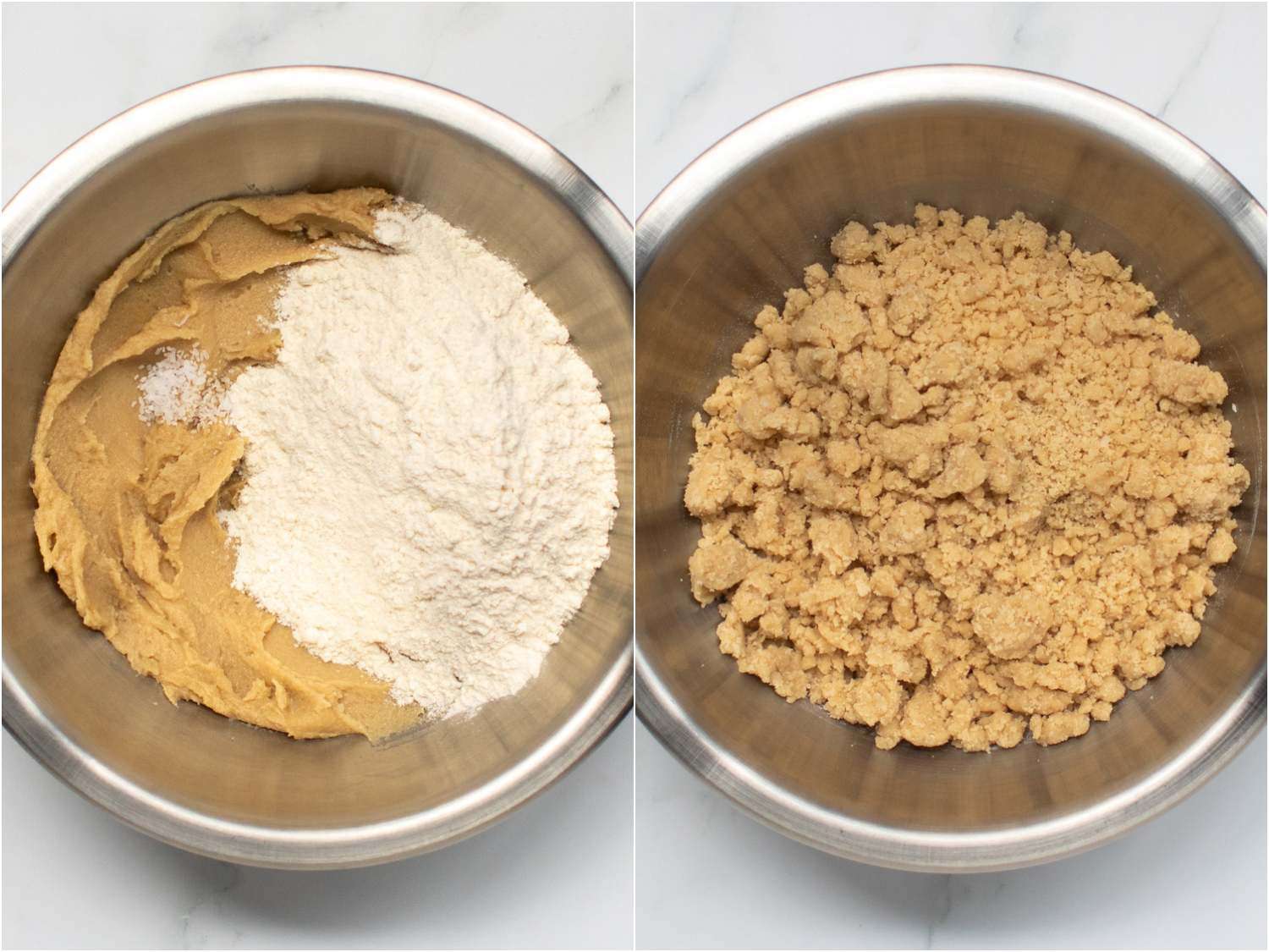 A two-image collage. In the left image, flour and salt are added to the creamy mixture. In the right photo, the ingredients have been mixed to form a damp and crumbly consistency.