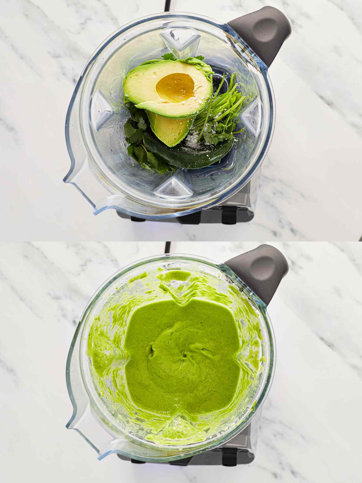 2 image collage. Top: blender with cilantro and avocado in blender. Bottom: ingredients after blended in blender