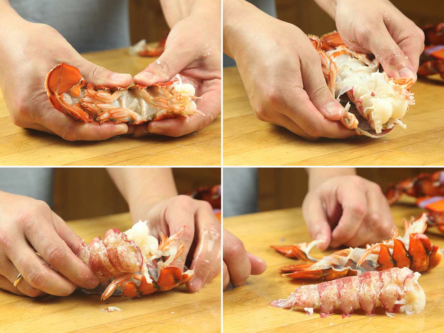 Collage of squeezing the shell of the lobster tail, then prying it open and removing the meat in one piece.