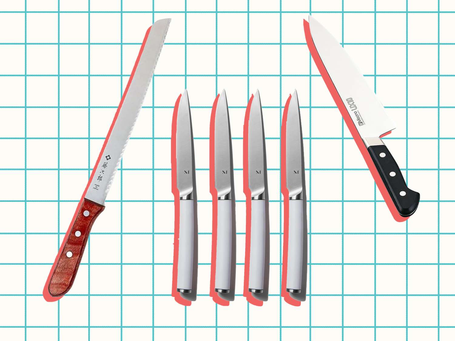 Assorted kitchen knives arranged on a grid backdrop