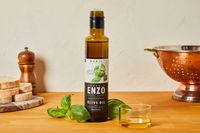 A bottle of basil olive oil.