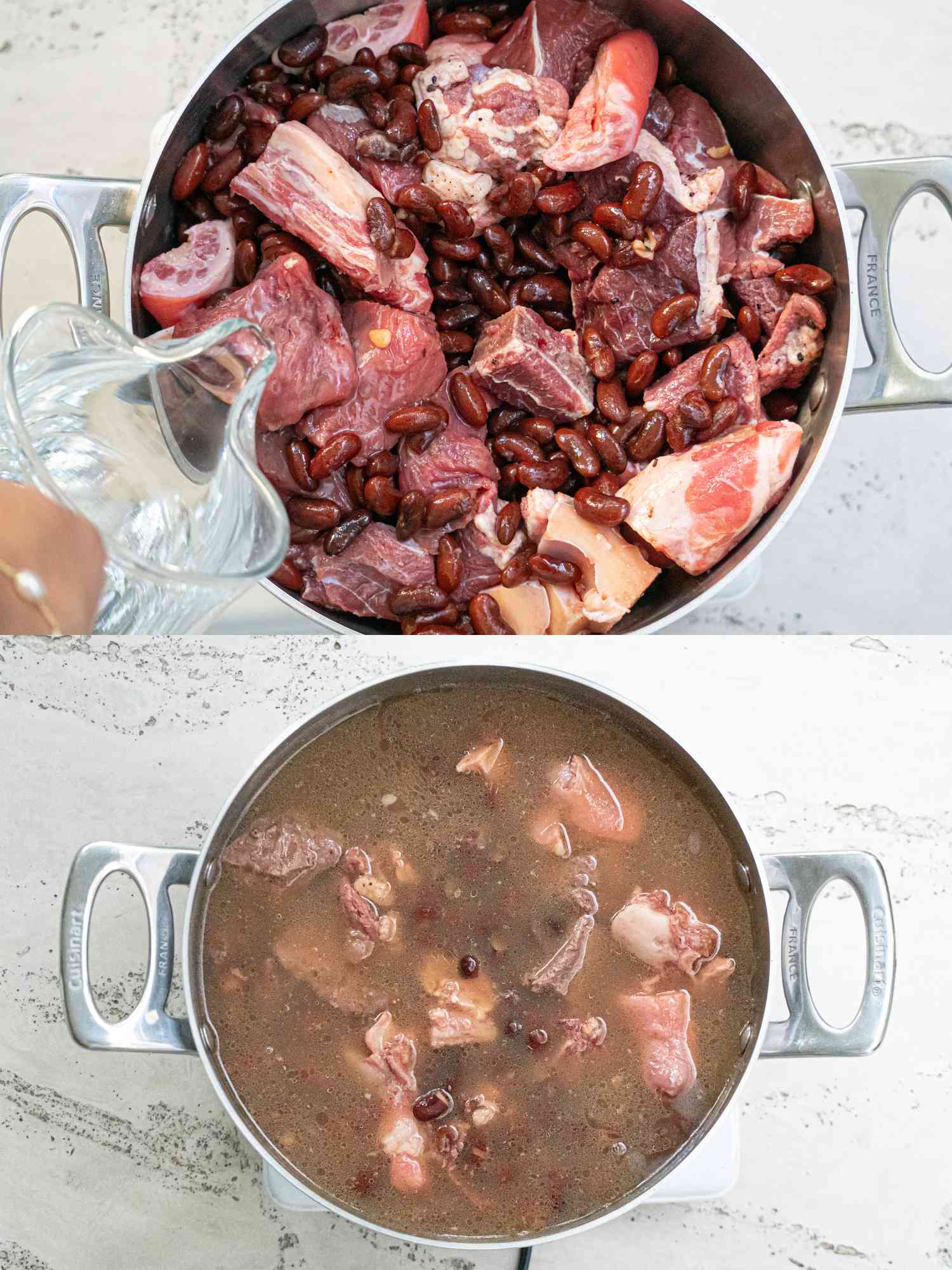 Two image collage of adding water to meat and beans and stew after an hour.