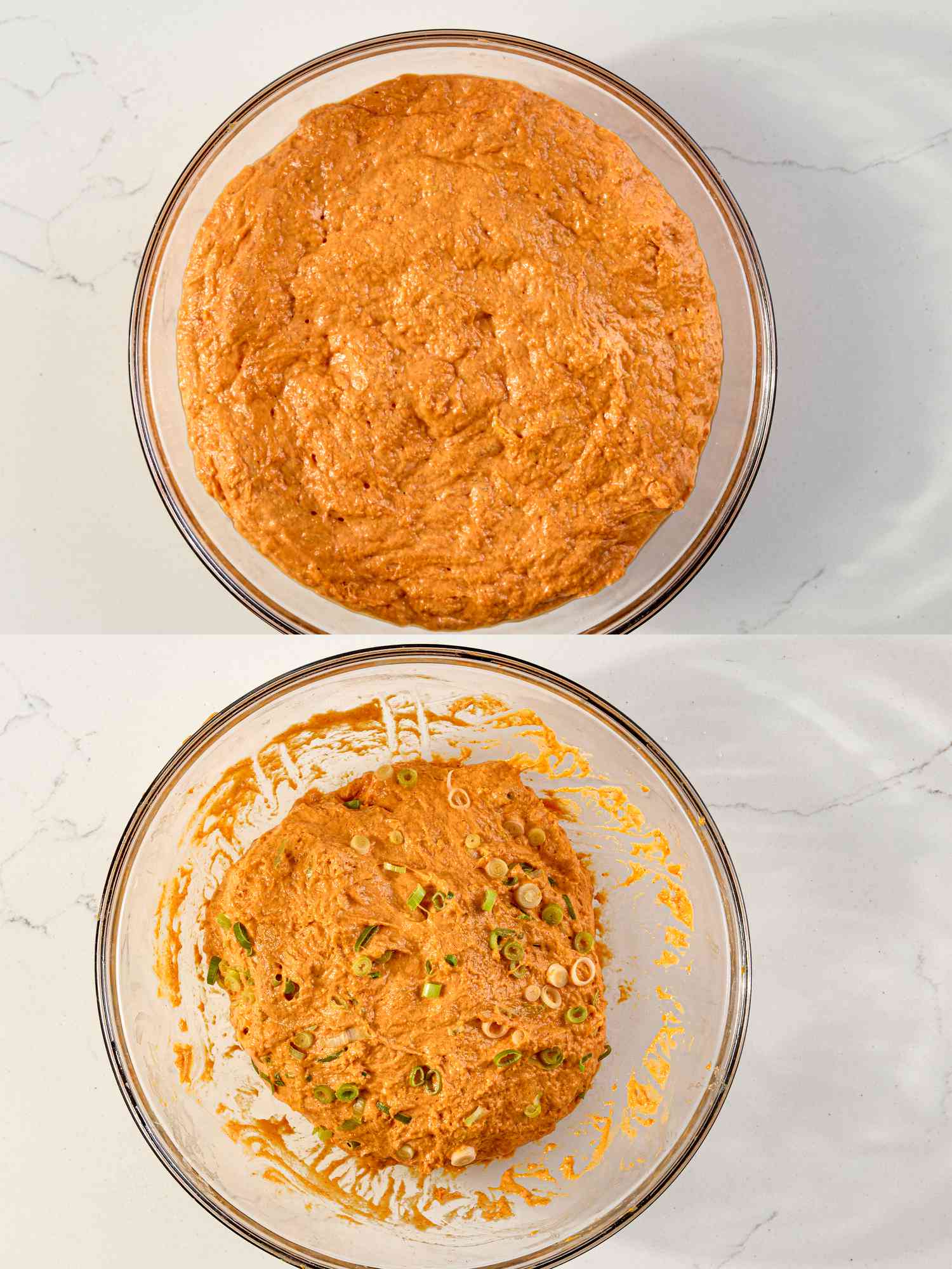 Dough in a bowl before and after incorporating scallions and vegetables