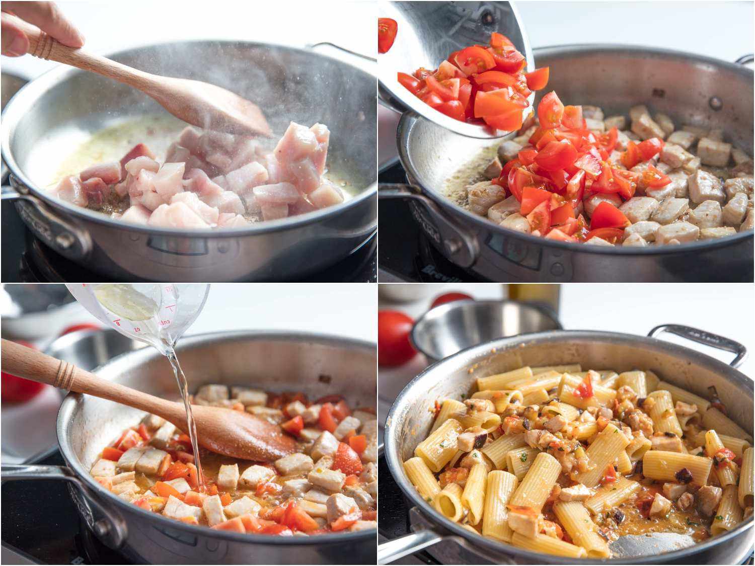 Collage of cooking process for making Sicilian rigatoni with swordfish (pesce spada)