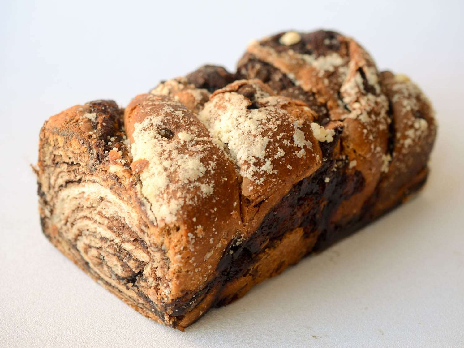 Diagonal overhead photo of chocolate babka.