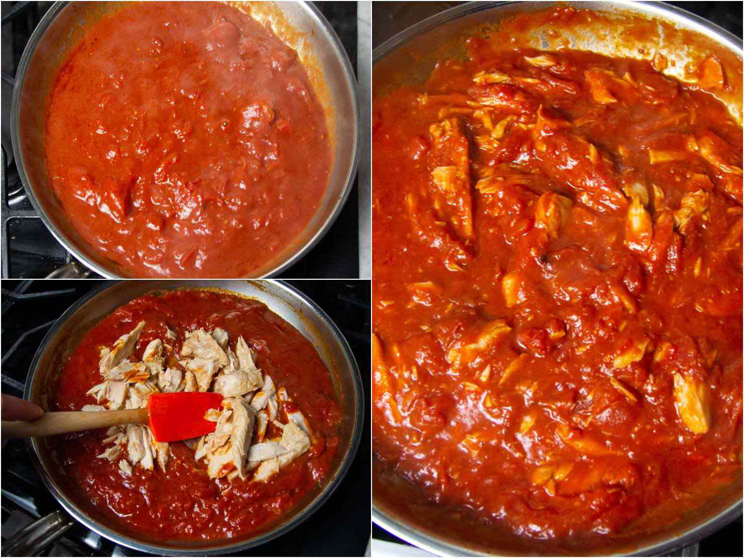 Three stages of a tomato-based sauce being prepared in pans, with tuna being added and mixed