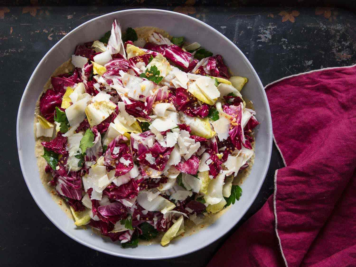 Overhead shot of the radicchio, endive, and anchovy salad.