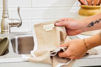 A person holding up a Coyuchi dish towel.
