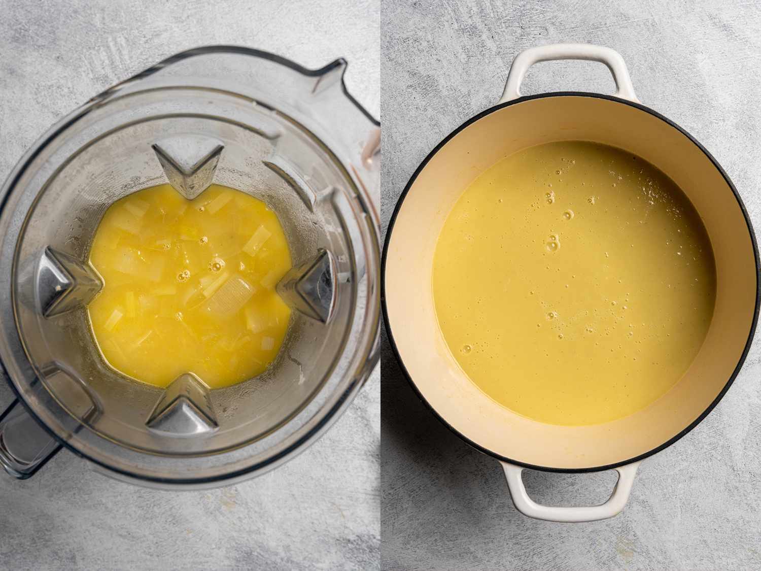 Potato leek soup in a blender.