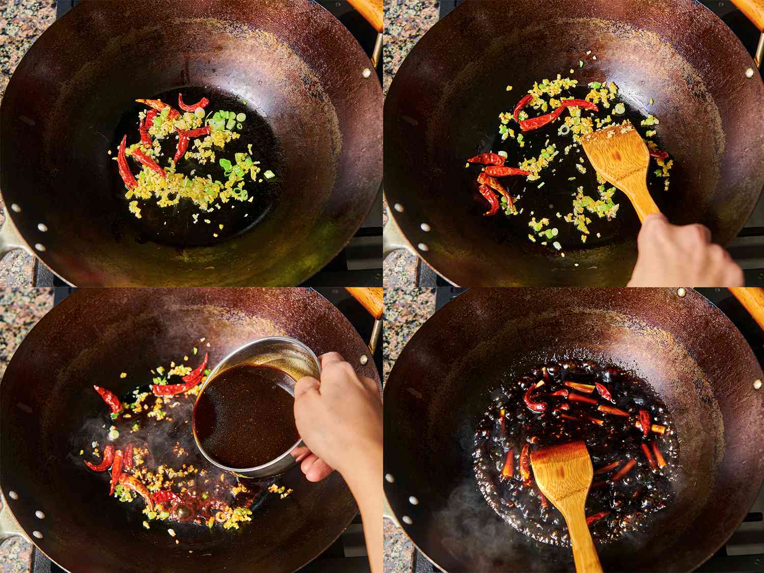 A four-image collage. The top left image shows oil, garlic, ginger, minced scallions, and red chiles combined in the seasoned carbon steel wok. The top right image shows the contents of the wok now softened but not browned. The bottom left image shows the sauce added to the wok. The bottom right image shows the sauce, now boiling and thickened, with scallion segments added.